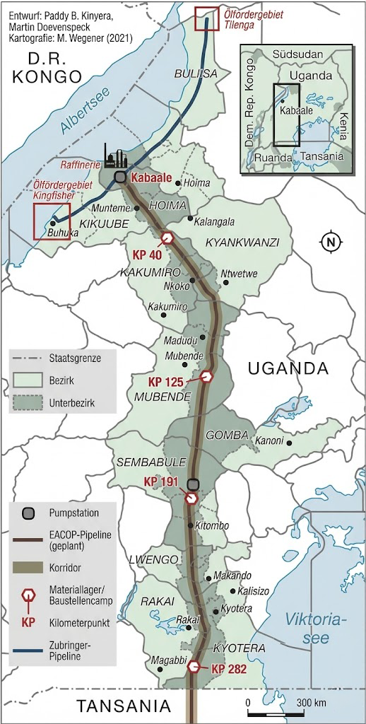 Karte der geplanten EACOP-Ölpipeline in Uganda und Tansania mit Pumpstationen, KP-Punkten und Korridor
